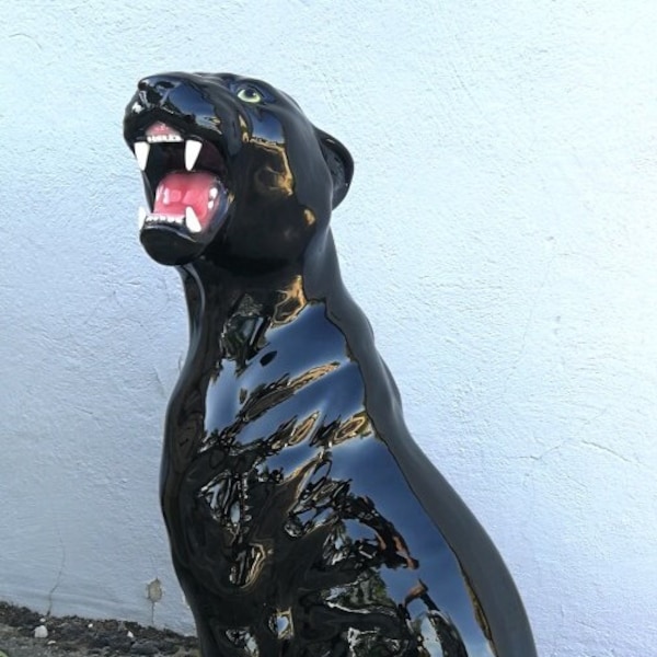 Exclusive decorative statue panther black head side 86 cm ceramic handmade Italy