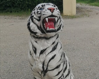 Exclusive decorative statue tiger 92 cm white ceramic handmade Italy