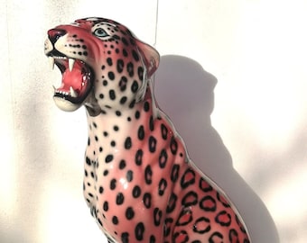 Exclusive decorative figure leopard pink 86 cm ceramic handmade Italy