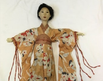 Vintage Japan puppet Geisha approx. 60 cm handmade unique hard wax fabric