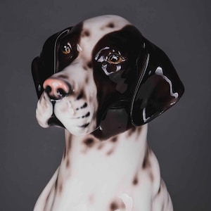 Op de afbeelding: Een keramieken hondenbeeldje met een glanzende afwerking. De hond heeft een witte vacht met donkerbruine vlekken en vlekken rond de ogen en oren. De neus is roze en de ogen zijn warmbruin. Het beeldje is een decoratief item.