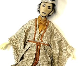 Vintage Japan puppet scholar man approx. 60 cm handmade unique hard wax fabric