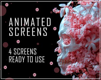 ANIMATED Package 4x Twitch Screens Pink Skull with flowers for Stream - Offline,BRB,StSoon,Ending. Twitch package overlays, panels