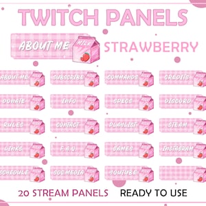 Twitch Strawberry Milk Panels .Cute Badges Kawaii panels for streaming. Pink Twitch package overlays, panels. Streamer, Aesthetic panels.