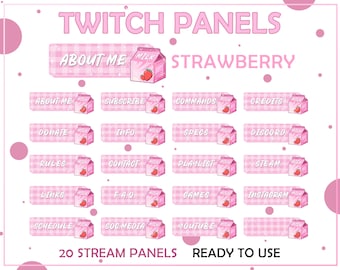 Twitch Strawberry Milk Panels .Cute Badges Kawaii panels for streaming. Pink Twitch package overlays, panels. Streamer, Aesthetic panels.