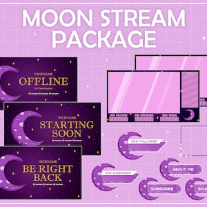Pacote Moon Stream Overlays para Twitch - Sobreposições de pacotes Twitch, alertas, webcam, painéis, telas. Lua roxa noturna fofa. Kawaii