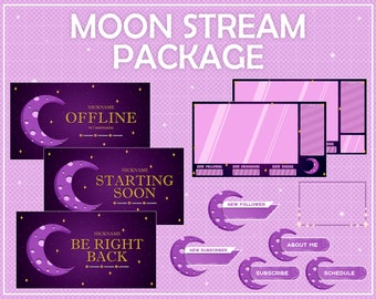 Package Moon Stream Overlays for Twitch - Twitch package overlays,alerts,webcam,panels,screens. Cute night purple moon. Kawaii