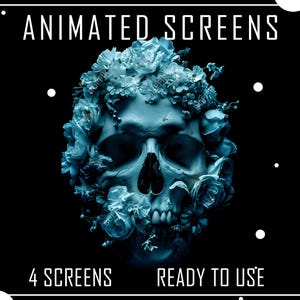 Pacote ANIMADO 4x Telas Twitch Caveira com flores para Stream - Offline, BRB, StSoon, Encerrando. Sobreposições de pacote Twitch, painéis
