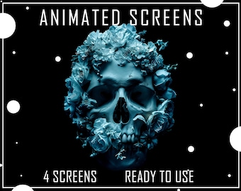 ANIMATED Package 4x Twitch Screens Skull with flowers for Stream - Offline,BRB,StSoon,Ending. Twitch package overlays, panels
