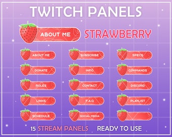 Twitch Strawberry  Panels overlay . Badges Cute Kawaii panels for streaming. Twitch package overlays, panels. Stream, Aesthetic panels.