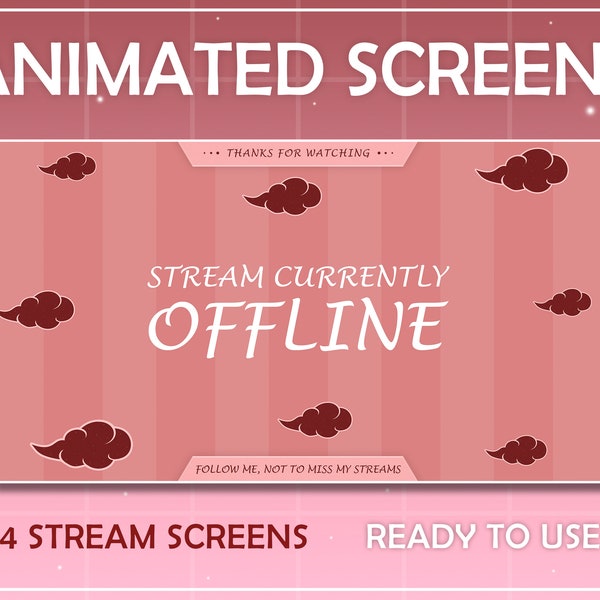 ANIMATED 4x Twitch Screens Cute Clouds for Stream - Offline,TFW,BRB,Starting soon. Twitch package overlays, panels. Twitch Naruto screens.