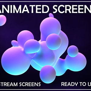 May include: Animated stream screens with a purple and blue abstract design. The text "ANIMATED SCREENS" is at the top of the image. The text "4 STREAM SCREENS" is at the bottom left of the image. The text "READY TO USE" is at the bottom right of the image.