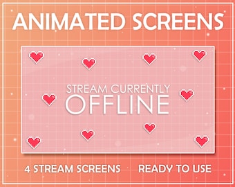 ANIMATED 4x Twitch Screens Cute Pixel Heart for Stream - Offline,TFW,BRB,Starting soon. Twitch package overlays, panels. Twitch screens.