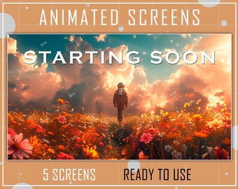 ANIMATED Package 5x Twitch Screens Flower field with Astronaut for Stream - Offline,TFW,BRB,StSoon,Ending. Twitch package overlays, panels