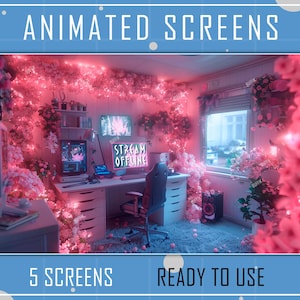 以下が含まれることがあります： ピンクと白の花柄のアニメーション画面が5つあります。画面には、コンピューター、キーボード、マウス、椅子が置かれたゲーム用セットアップが表示されています。画面の1つには、「STREAM OFFLINE」というテキストが表示されています。