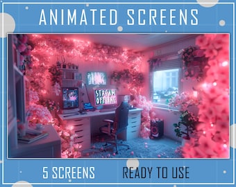 ANIMATED Package 5x Twitch Screens Cute Gaming Room with Flowers for Stream - Offline,TFW,BRB,StSoon,Ending. Twitch package overlays, panels