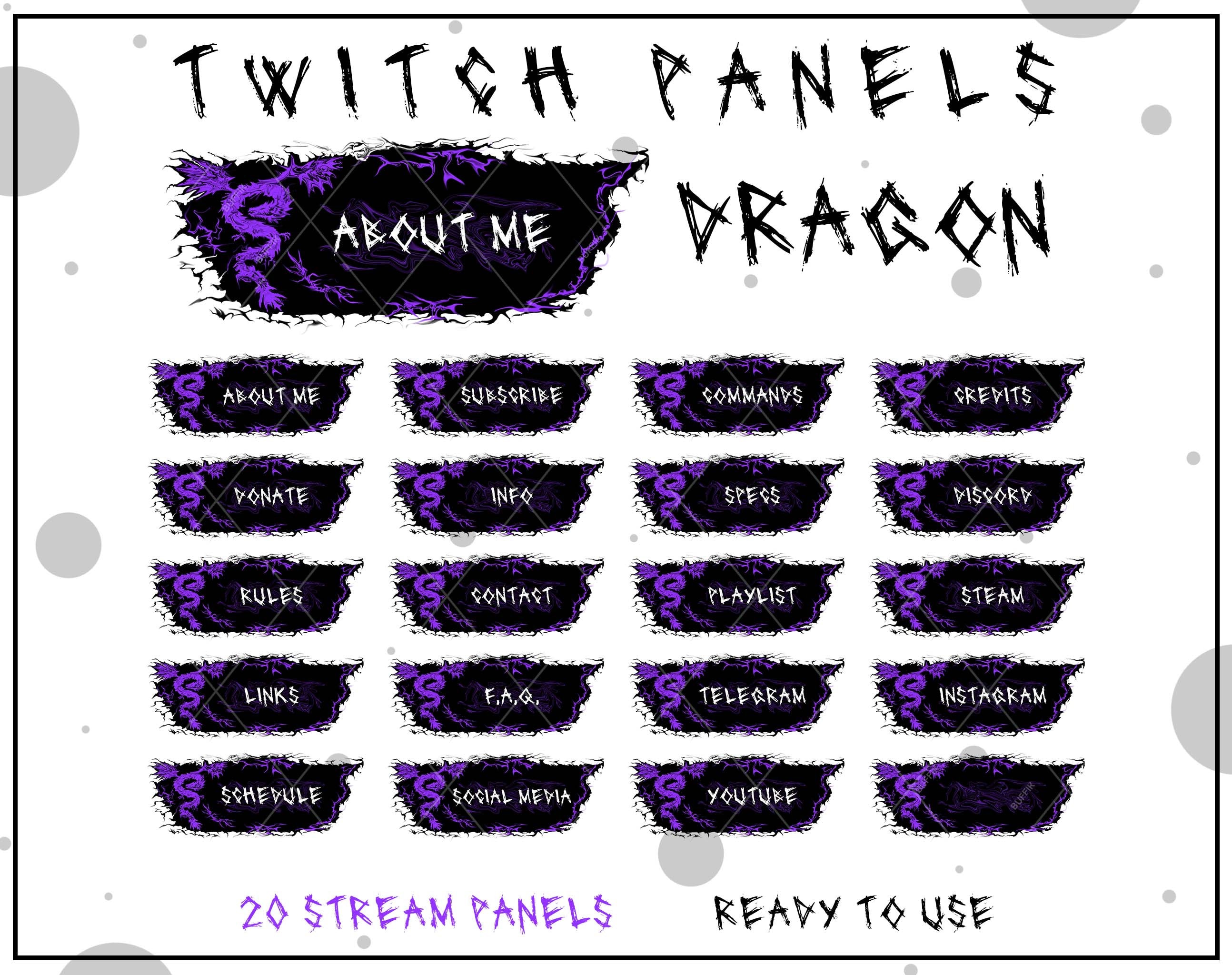 Twitch Dragon Panels overlay . Badges Cute Purple panels for streaming. Twitch package overlays, panels. Stream, Aesthetic panels.