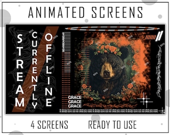 ANIMATED Package 4x Twitch Screens Cute Bear with Flowers for Stream - Offline,BRB,StSoon,Ending. Twitch package overlays, panels