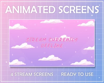 ANIMATED 4x Twitch Screens Cute Clouds for Stream - Offline,TFW,BRB,Starting soon. Twitch package overlays, panels. Twitch screens.