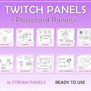 Paneles de tarjetas fotográficas lindas de Twitch en color rosa. Insignias. Paneles lindos de Kawaii para transmitir. Superposiciones y paneles de paquetes de Twitch. Transmisor, paneles de Twitch