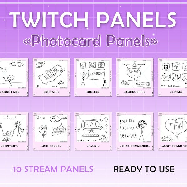 Twitch Cute Photocards Panels Pink . Badges Cute Kawaii panels for streaming. Twitch package overlays, panels. Streamer, Twitch panels