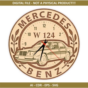 May include: A wooden clock face with a brown background and a white Mercedes-Benz W124 car illustration. The clock face has black Roman numeral hour markers and a black minute hand. The text "MERCEDES" and "BENZ" are written in a brown font around the clock face.