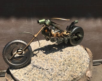 Scrap Metal Motorcycle Sculpture: Handmade Steampunk Motorbike Art