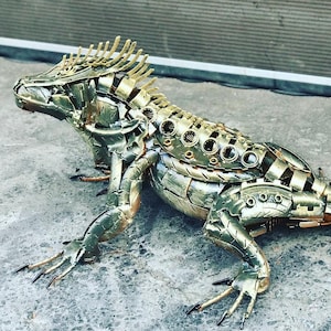 Handmade Scrap Metal Iguana Sculpture: Steampunk Lizard Art, 20&quot;