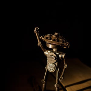 Funny robot pulls the bolt 12" steampunk scrapmetal welded modern sculpture upcycled metal art unique gift for males and females