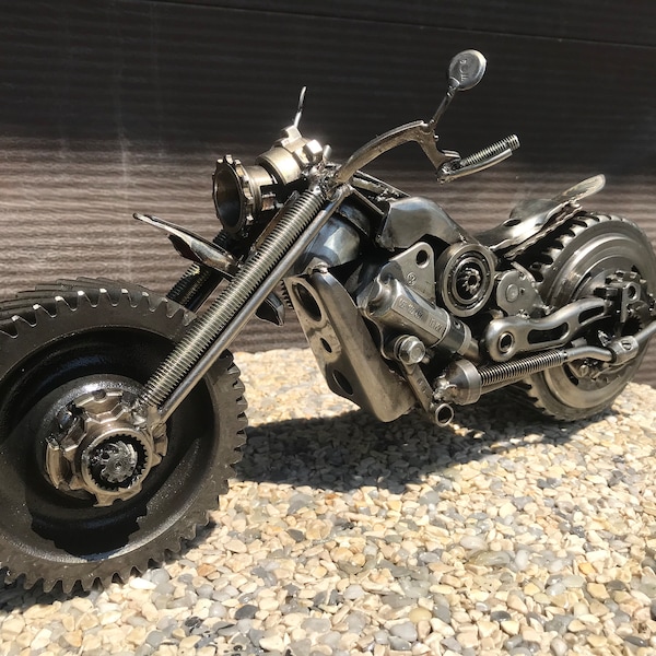 Scrap Metal Motorcycle Sculpture: Handmade Steampunk Motorbike Art