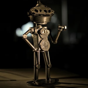 Funny robot holds the bolt 13" steampunk scrapmetal welded modern sculpture upcycled metal art unique gift for males and females