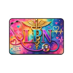 May include: A rectangular mat featuring a vibrant watercolor background in shades of pink, blue, and purple. It displays the letters LPN in large, colorful typography, a gold caduceus symbol, a pink stethoscope, and the text Compassion Care Commitment.