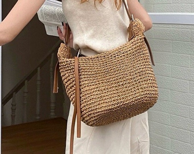 Crossbody Messenger Straw Bag | Handmade Woven Beach Bag | Vegan Leather Bag Strap