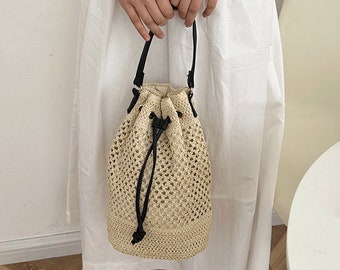 Straw Woven Bucket Bag | Drawstring Beach Shoulder Bag | Vegan Leather Adjustable Strap