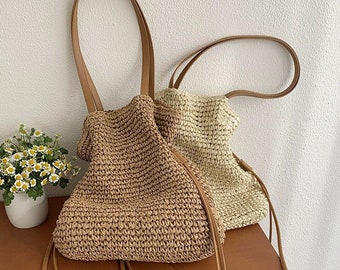 Straw Woven Drawstring Shoulder Bag | Causal Bucket Beach Bag | Vegan Leather Shoulder Strap