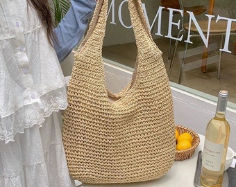 Bohemian Straw Beach Bag | Straw Tote Bag with Zipper | Woven Shoulder Bag | BEIGE