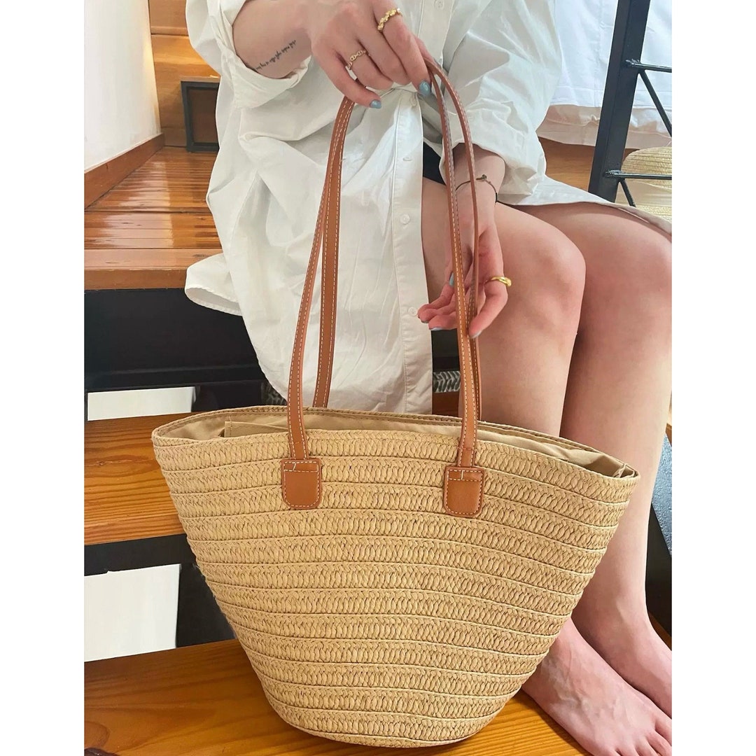 Straw Beach Basket Bag Woven Beach Shoulder Bag Straw Wicker Tote ...