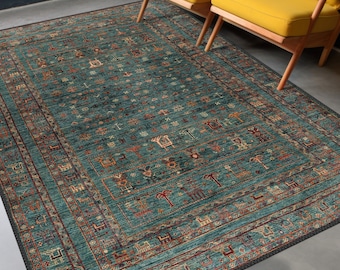 Green Vintage Style Rug/ Antique Look Floral Teppich/ Non-Slip Bohemian Area Rug/ Oushak Oriental Rug/ Turkish Rug 8x10/ Rugs Living Room