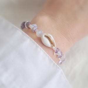 Pärlarmband, snäckskal, vit, opalin, lila, ametist, rosa, present, liten, damer, kvinnor, flickvän, mor, lyckobringararmband, souvenir, helande sten, du