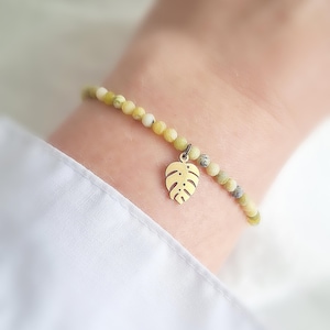 Bransoletka z koralików, jaspis, zielony i żółty liść, wisior Monstera, złoto, drobny prezent dla kobiety, dziecka, dziewczyny, matki, talizman, kamień leczniczy, babci