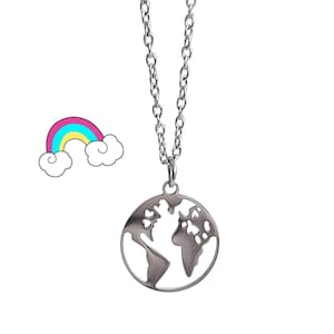 Kinder Halskette silber Weltkarte Anhänger Schmuck 35 40 cm Geschenkidee Mädchen Glücksbringer Kommunion Kindergeburtstag Tochter Reisen