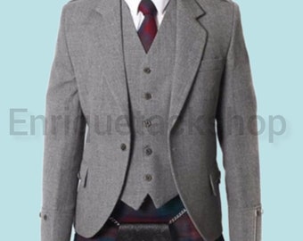 Scottish Mens grey Argyle Kilt Jacket And Waistcoat 100% Wool Wedding Kilts jacket For Men Size 30" To 54"inch