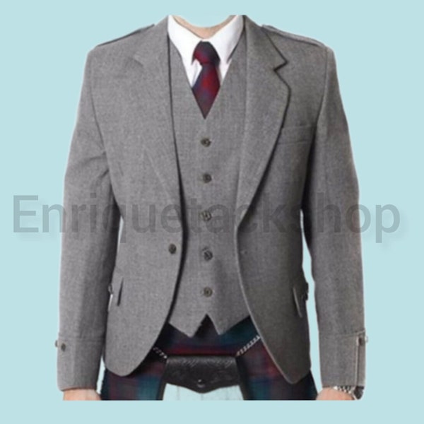 Scottish Mens grey Argyle Kilt Jacket And Waistcoat 100% Wool Wedding Kilts jacket For Men Size 30" To 54"inch