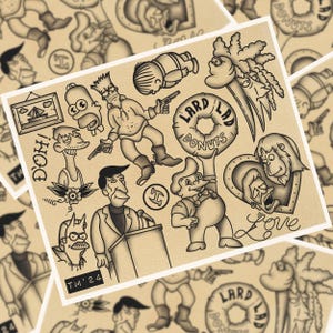 May include: A collection of tattoo flash art featuring cartoon characters and imagery. The designs include a donut with "Lard Lad Donuts" text, a heart with "Love" text, and various character portraits. The artwork is in black and white.