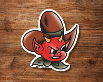 Hot Stuff Devil Cowboy Traditional Tattoo Sticker