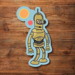 May include: A gold robot with a blue background and a yellow sun. The robot has a large head with two eyes and a small mouth. The robot is standing on a blue background with a yellow sun in the upper left corner.