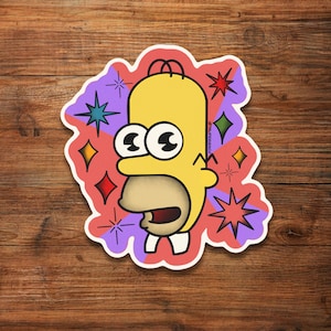 May include: A yellow cartoon character with a surprised expression, with two large eyes and a wide open mouth. The character is surrounded by colorful stars and a purple and red background.