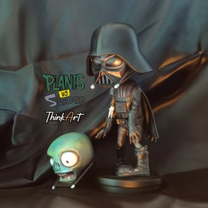 Puede incluir: Una figura de Darth Vader negra y gris con una figura de cabeza de zombi verde en primer plano. El texto "PLANIS VS SVADER ThinkArt" está en el fondo.