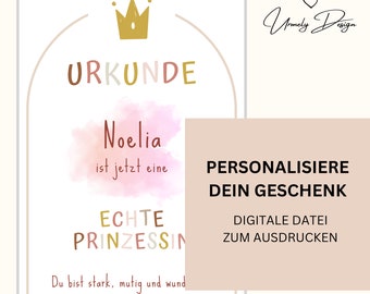 Certificado personalizado para una verdadera princesa | imprimir | Cumpleaños infantil | Descarga digital DIN A4 | Regalo niña en rosa