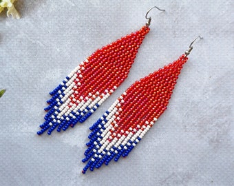 Boucles d'oreilles en perles 4 juillet Boucles d'oreilles pendantes rouges avec perles de rocaille Boucles d'oreilles longues bohèmes